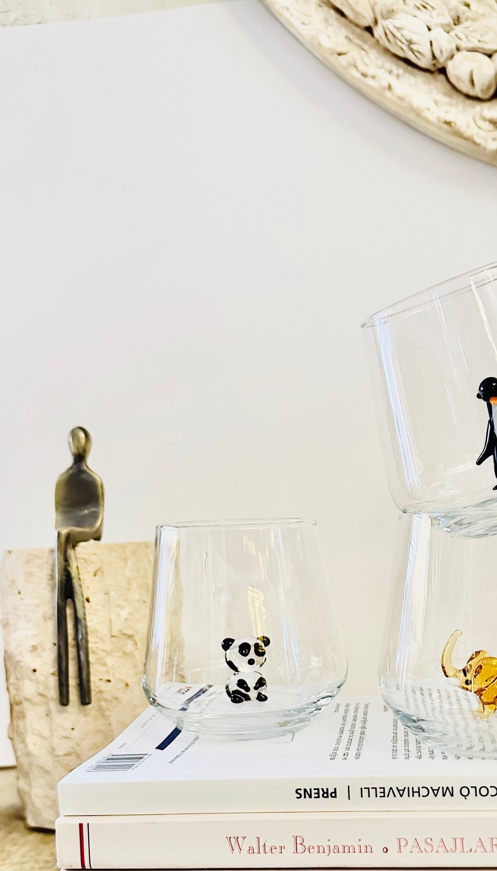 Drinking Glass Set of 2 With Handmade Panda and Koala Figurines